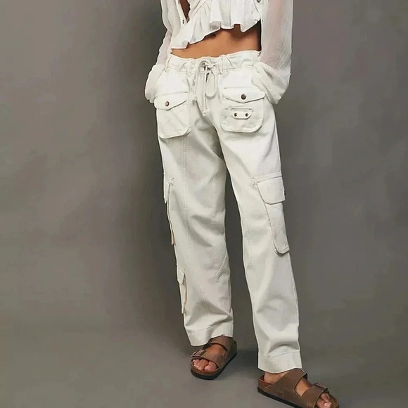 New Free People Tahiti Cargo Pants Green Utility Low Rise Jeans Tofu White Large - Picture 1 of 14
